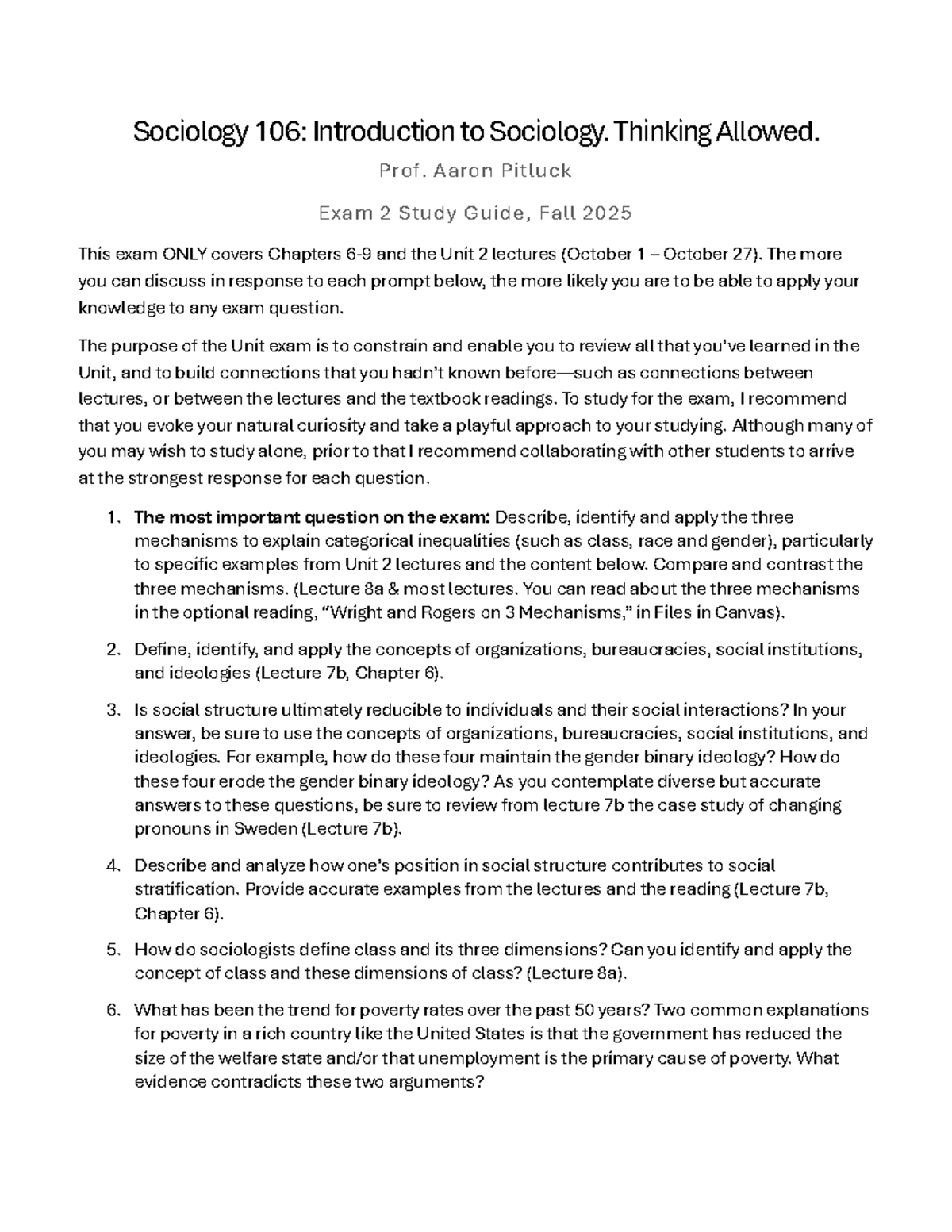 Sociology 106: Exam 2 Study Guide - Fall 2025 - Studocu