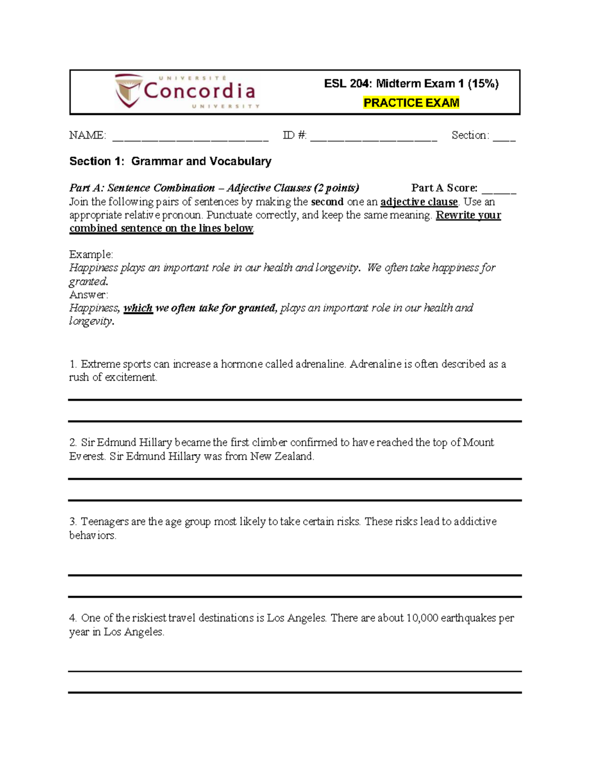 ESL 204: Midterm Exam 1 Practice Questions and Answers - Studocu