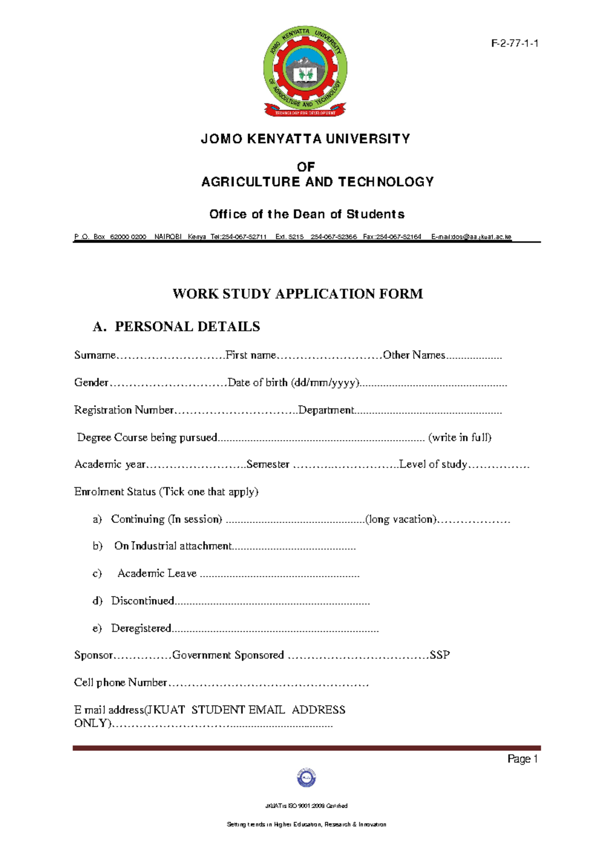 JKUAT Work Study Application Form - Personal Details & Guidelines - Studocu