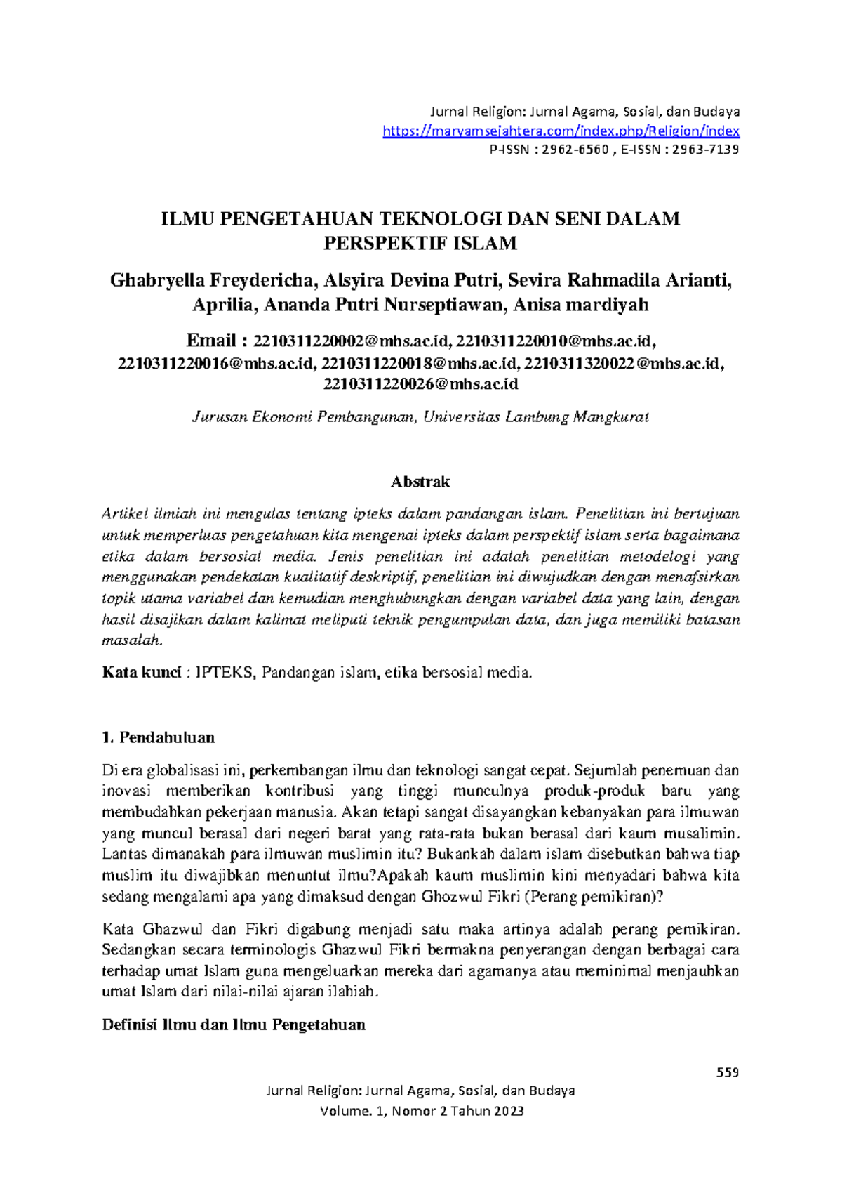 Jurnal ILMU PENGETAHUAN TEKNOLOGI DAN SENI: Perspektif Islam - Studocu