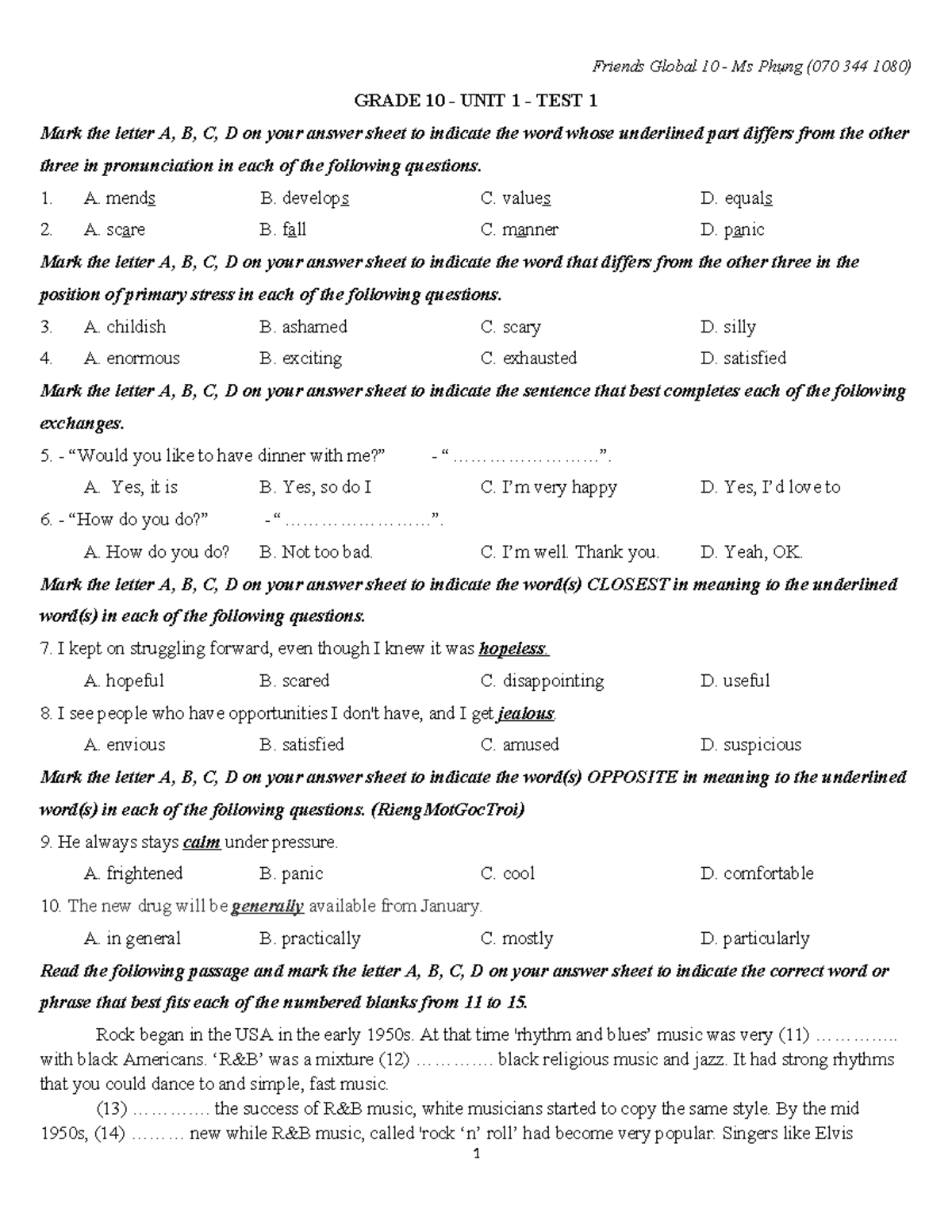Grade 10 - UNIT 1 TEST 1 - Friends Global 10 Ms Phụng - Studocu