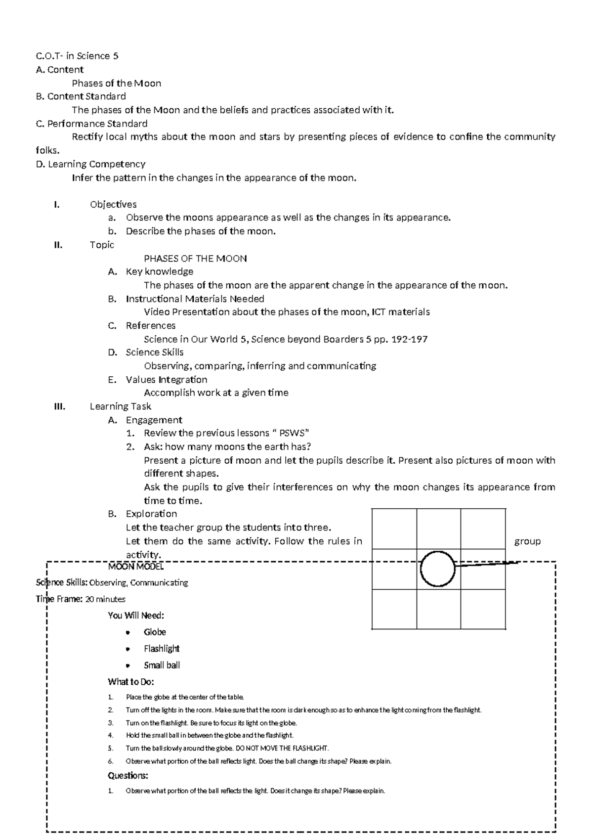 COT Phases of the Moon - Grade 5 Lesson Plan and Activities - Studocu