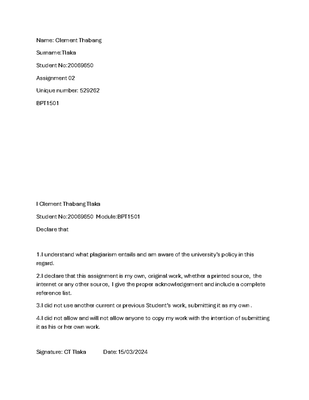 Document - Name: Clement Thabang Surname:Tlaka Student No: Assignment ...