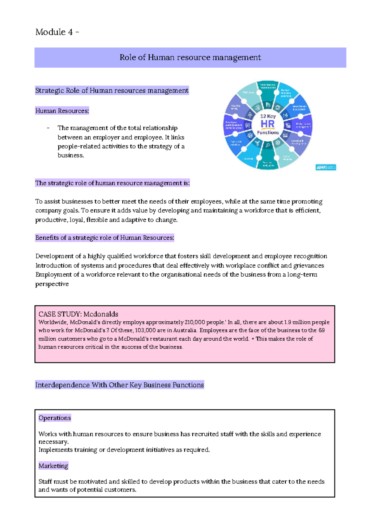 HR Notes: Strategic Role of Human Resource Management (BUS 101) - Studocu