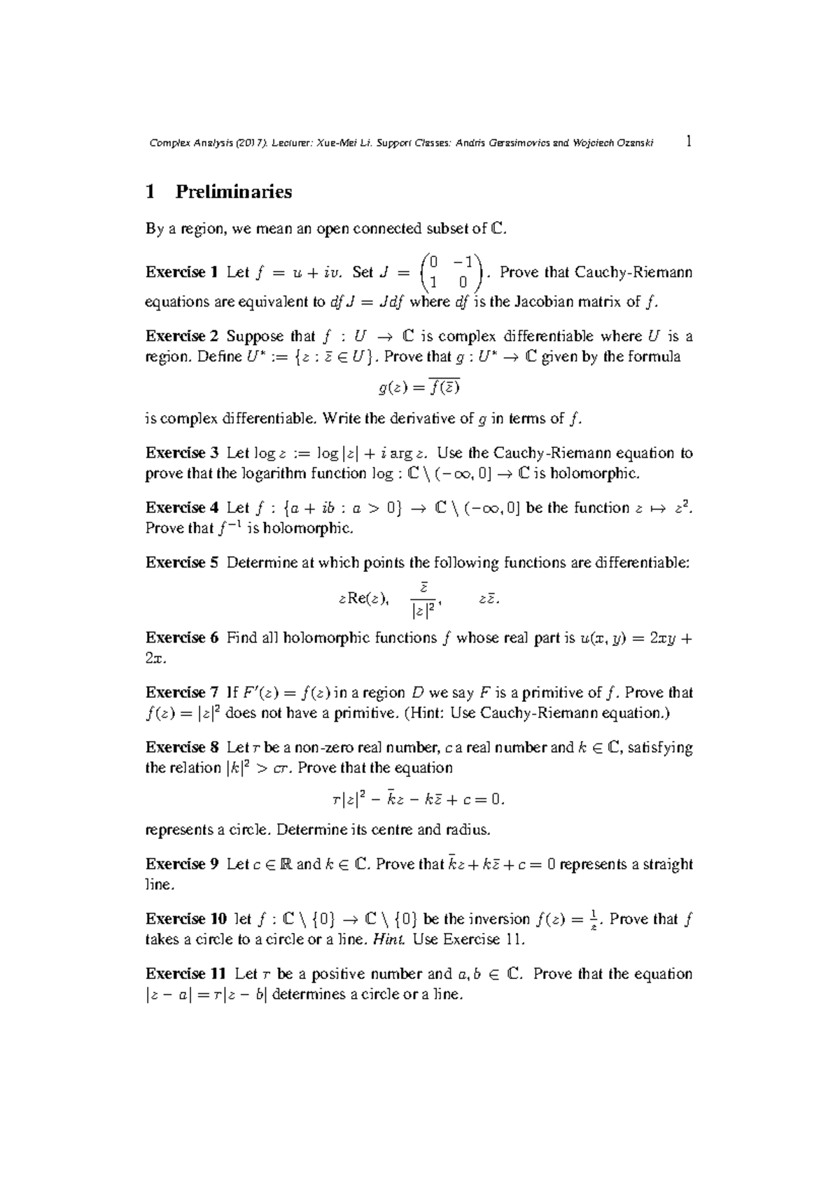 Complex Analysis Exercises (2017) - Lecturer: Li, Support Classes ...