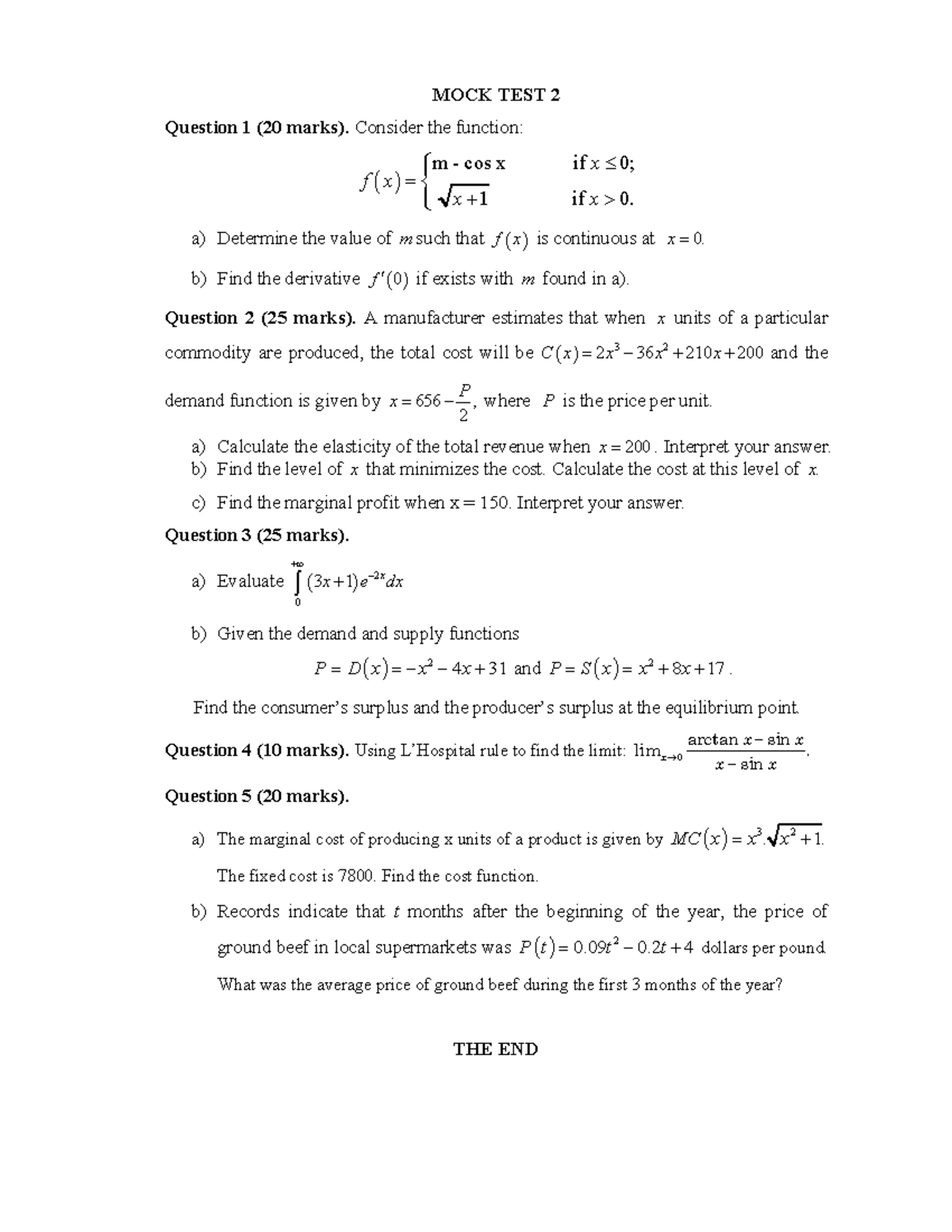 MOCK Test 2 - Continuous Functions and Economic Analysis - Studocu