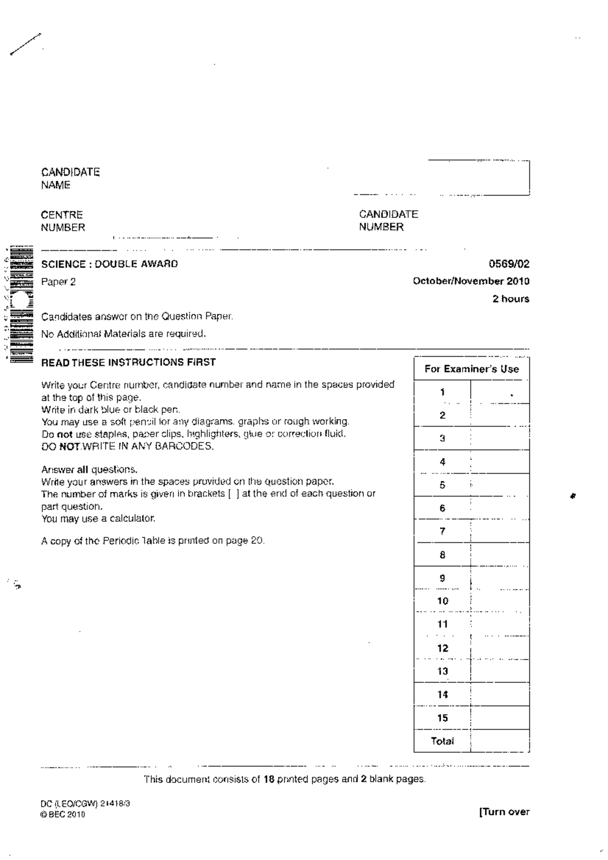 2010 BEC Science Double Award Paper 2 Exam Instructions and Questions ...