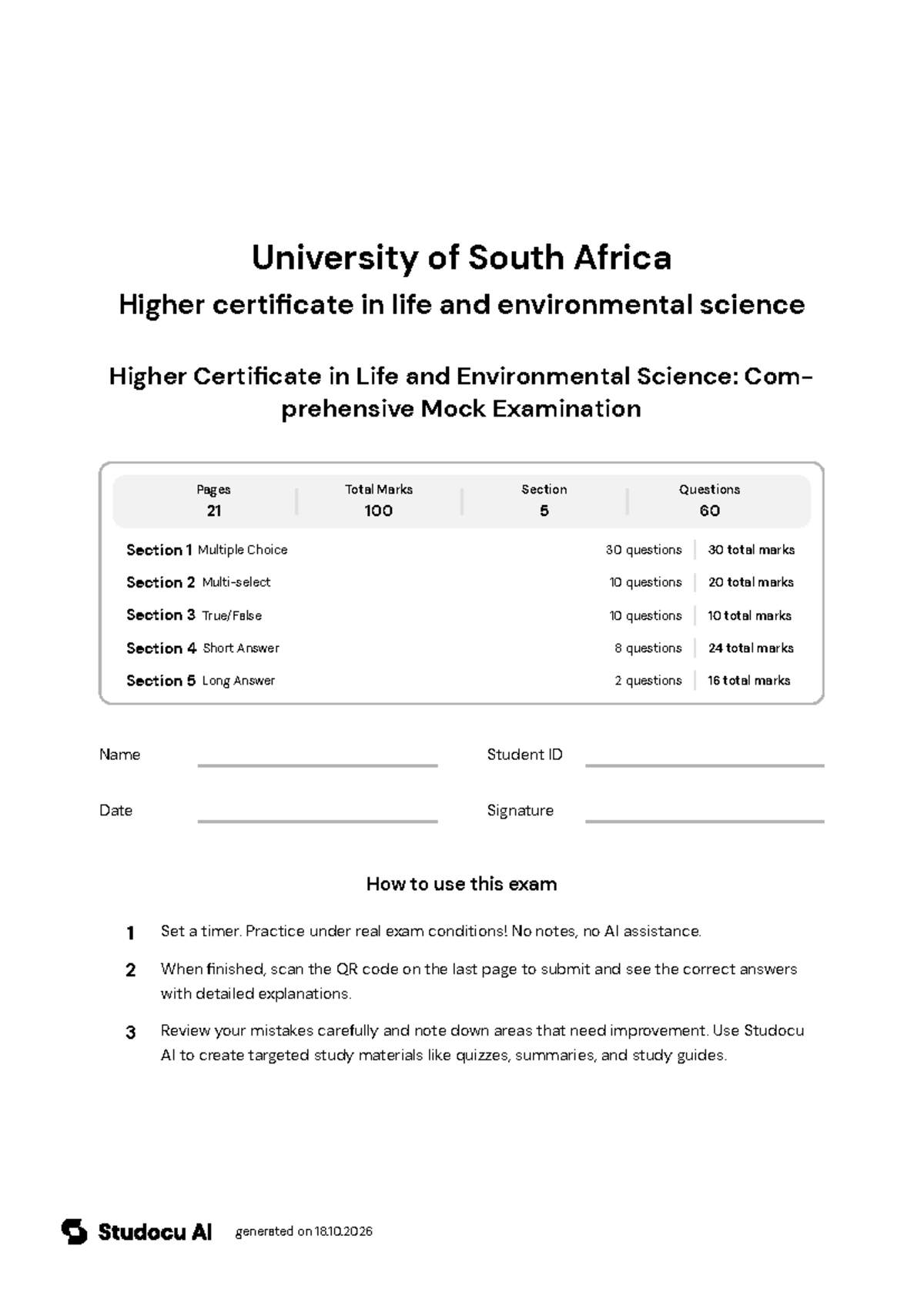 Higher Certificate in Life and Environmental Science: Mock Exam - Studocu