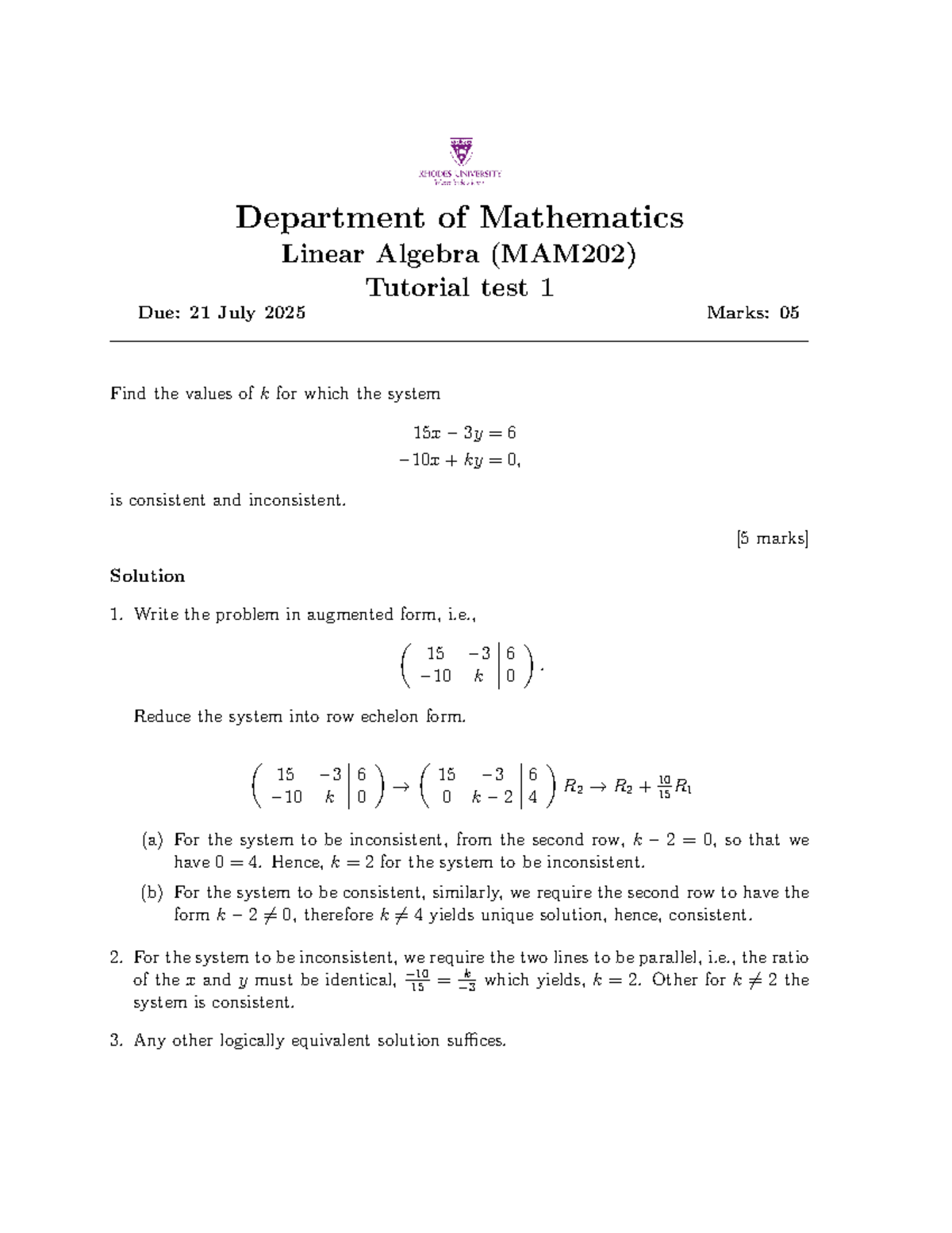 MAM202 Linear Algebra Tutorial Test 1 Memo: Consistency of Systems ...