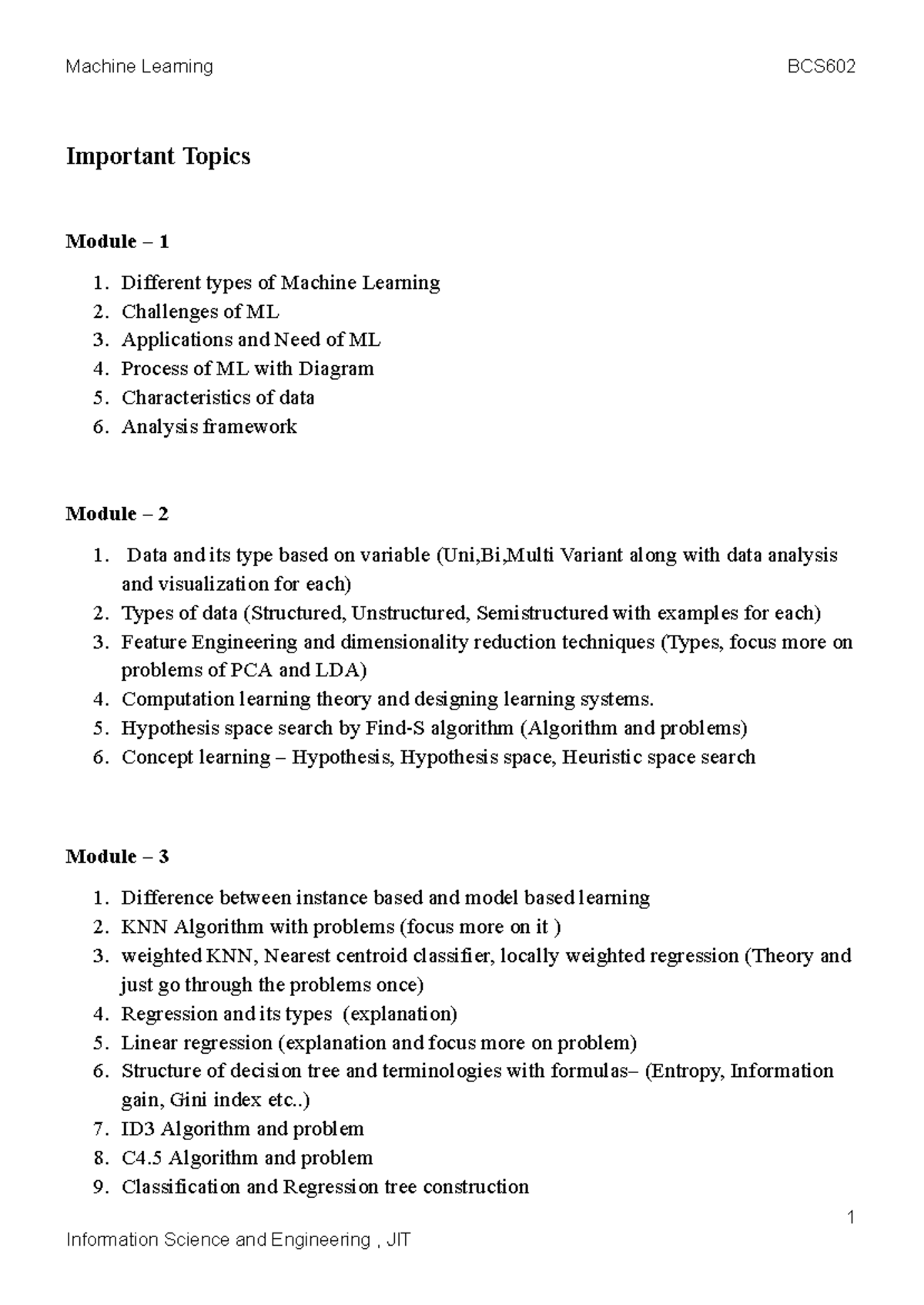 ML (BCS602) Important Topics and Questions for Exam Preparation - Studocu