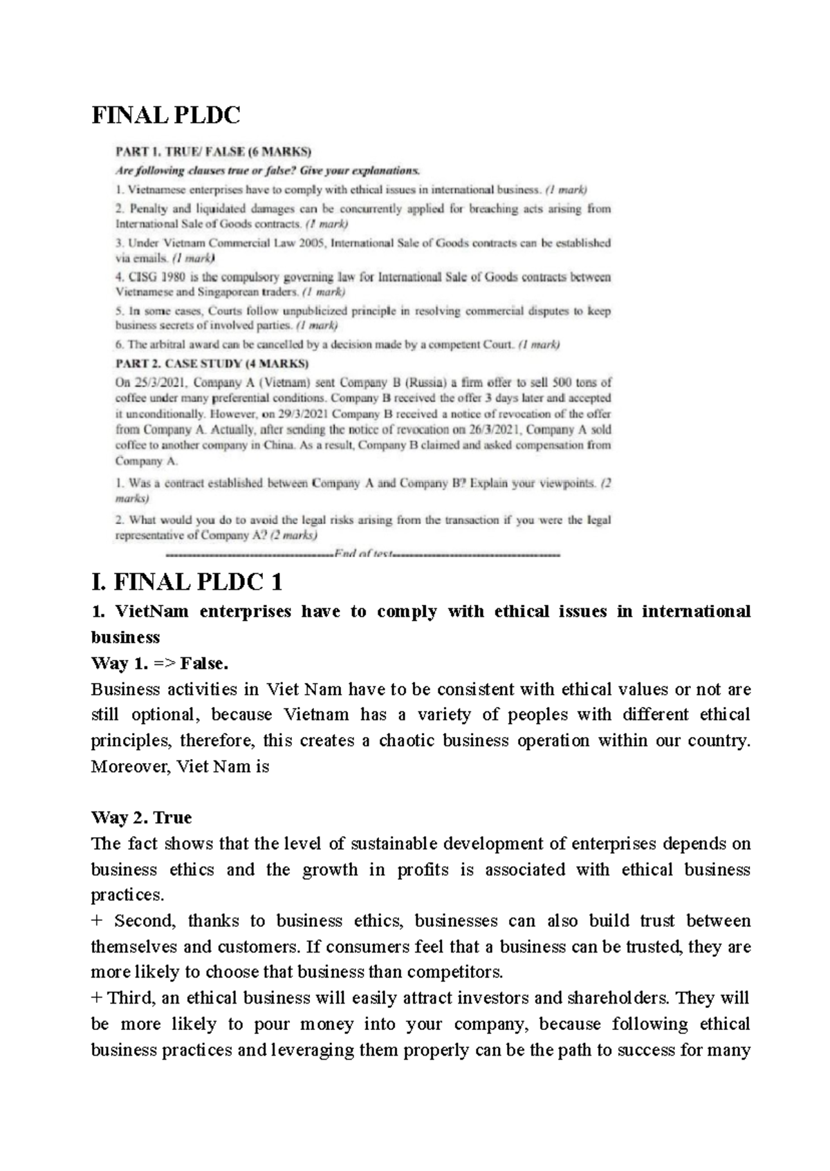 Final PLDC Exam Notes: Ethical Business Practices & International Law ...