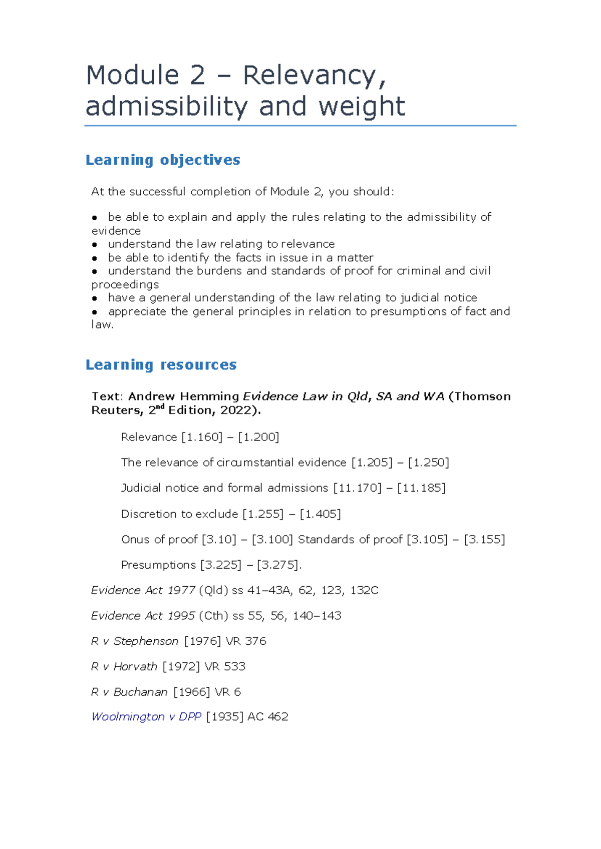 Module 2: Relevance, Admissibility, and Weight in Evidence Law - Studocu