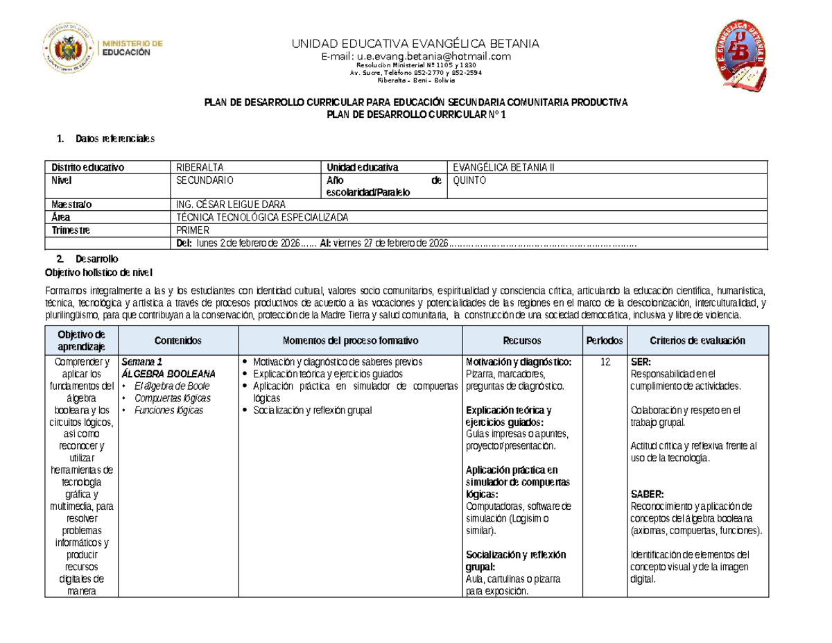 PDC SEC 2026: Plan de Desarrollo Curricular - 5to Grado, Mes 1 - Studocu