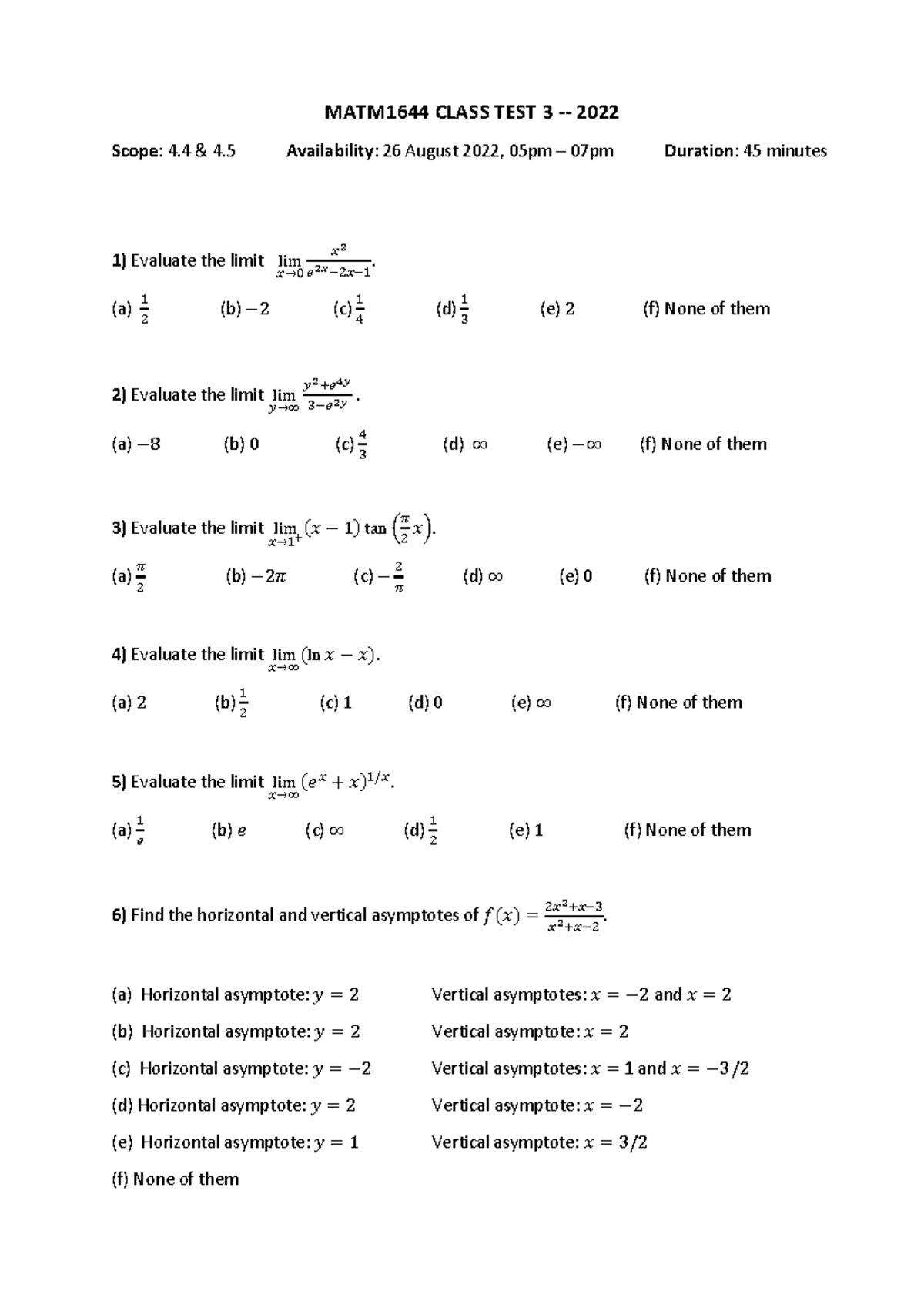 MATM1644 CLASS TEST 3 2022: Limits and Asymptotes Analysis - Studocu
