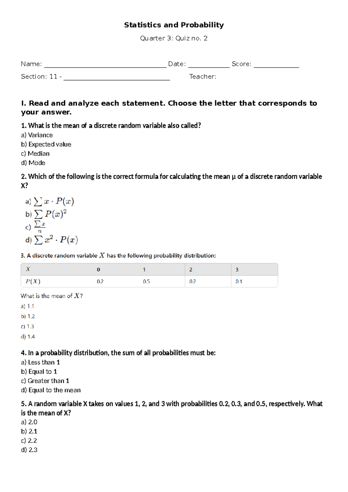 Q3, Quiz 2 - Statistics and Probability Assessment - Studocu