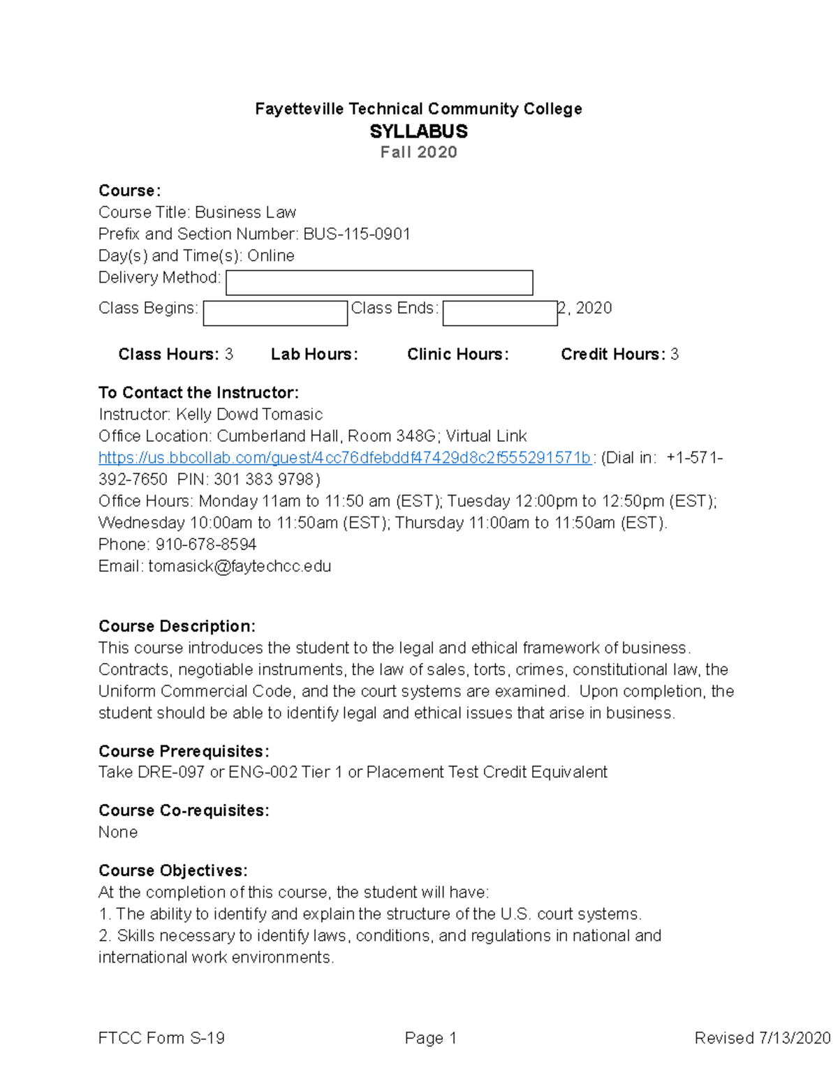 BUS 115 Fall 2020 Syllabus: Business Law Course Overview - Studocu