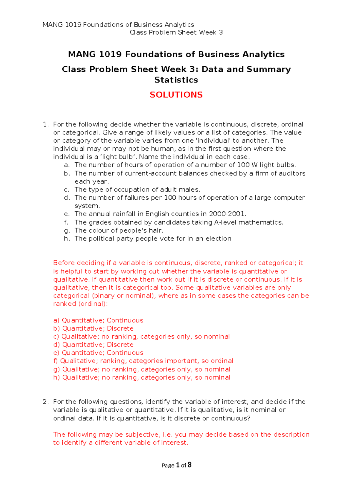 Week 3 seminar solutions - Class Problem Sheet Week 3 MANG 1019 ...