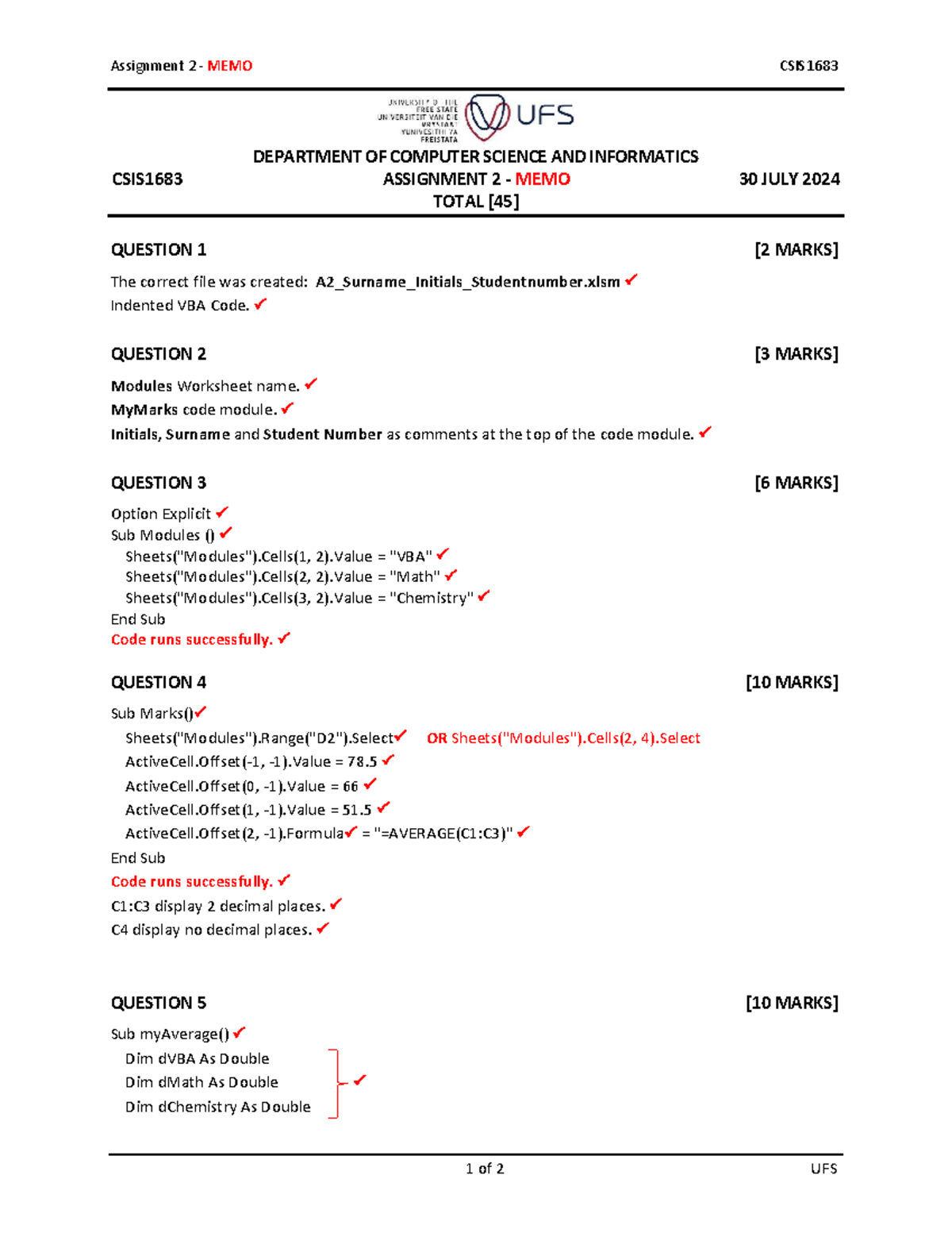 Assignment 2 Memo CSIS1683 - Computer Science VBA Tasks - Studocu