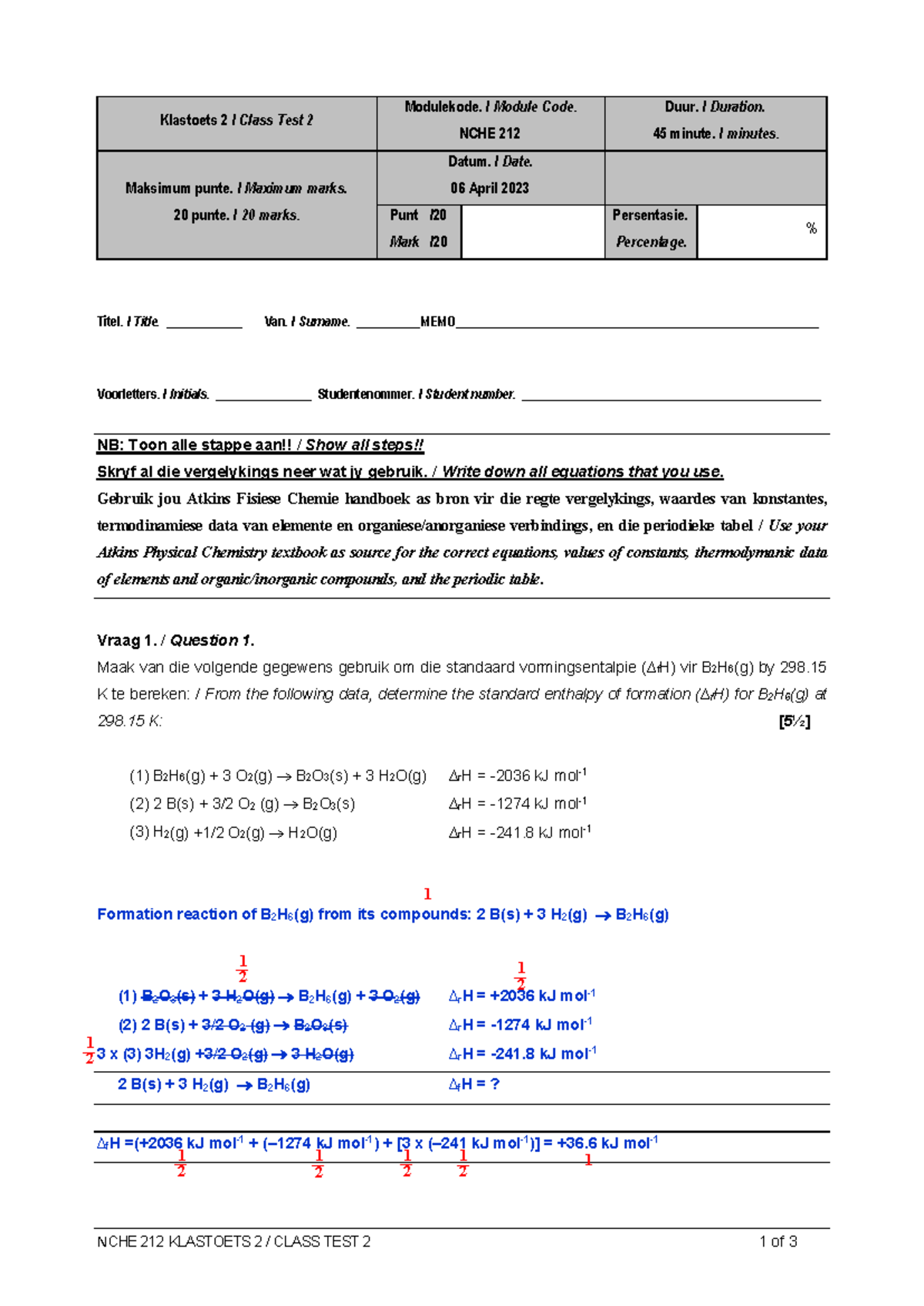 NCHE 212 Memo for Class Test 2 - Studocu