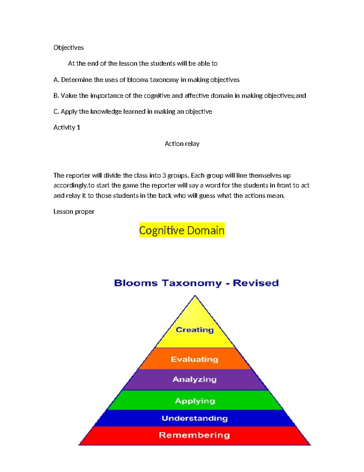 Sse-she - Sample Lesson Outline - Objectives At the end of the lesson ...