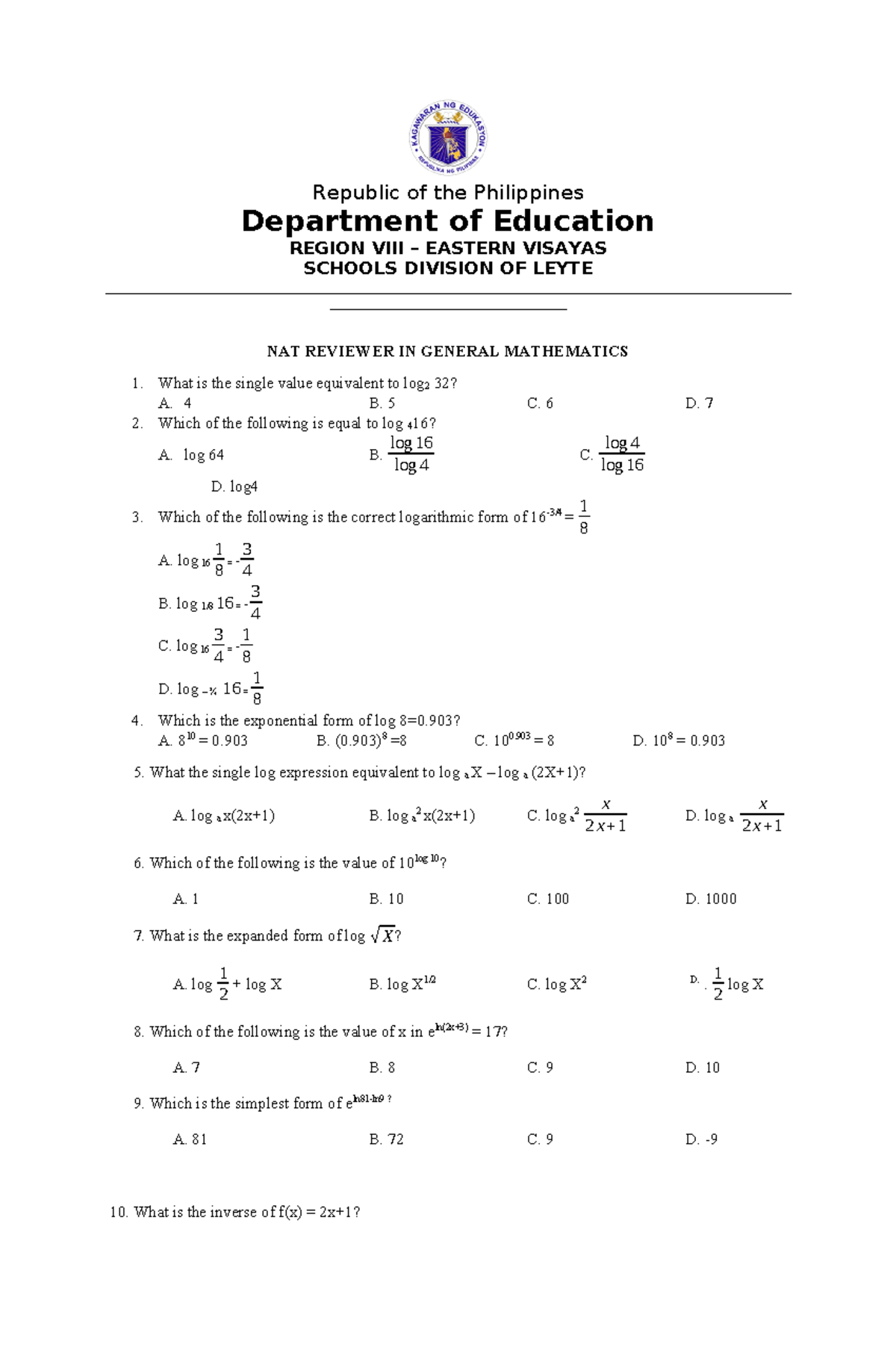 NAT- Reviewer in General Mathematics for Effective Exam Prep - Studocu