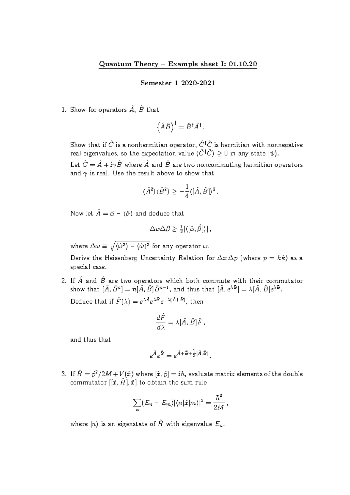 Prob I 2010 01 - Quantum Theory Tutorial Sheet 1 - Quantum Theory ...