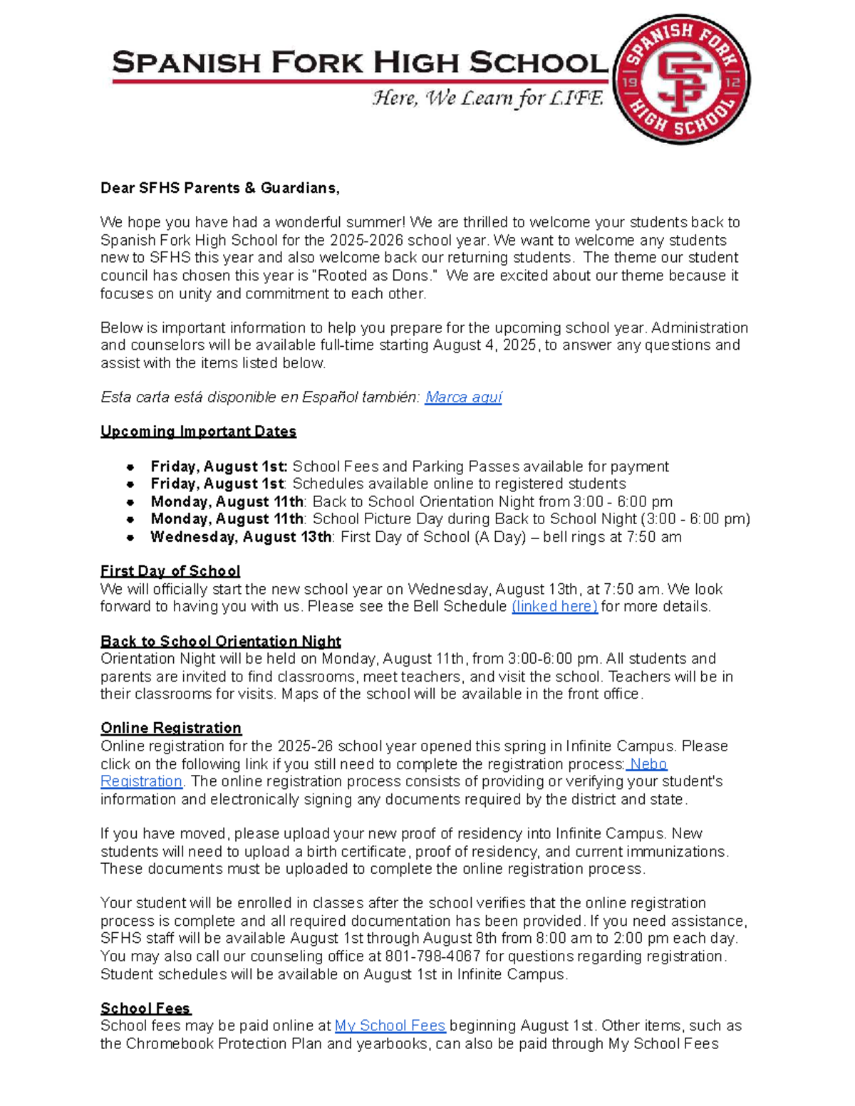 SFHS Welcome Back Letter 2025-26: Important Info & Dates - Studocu