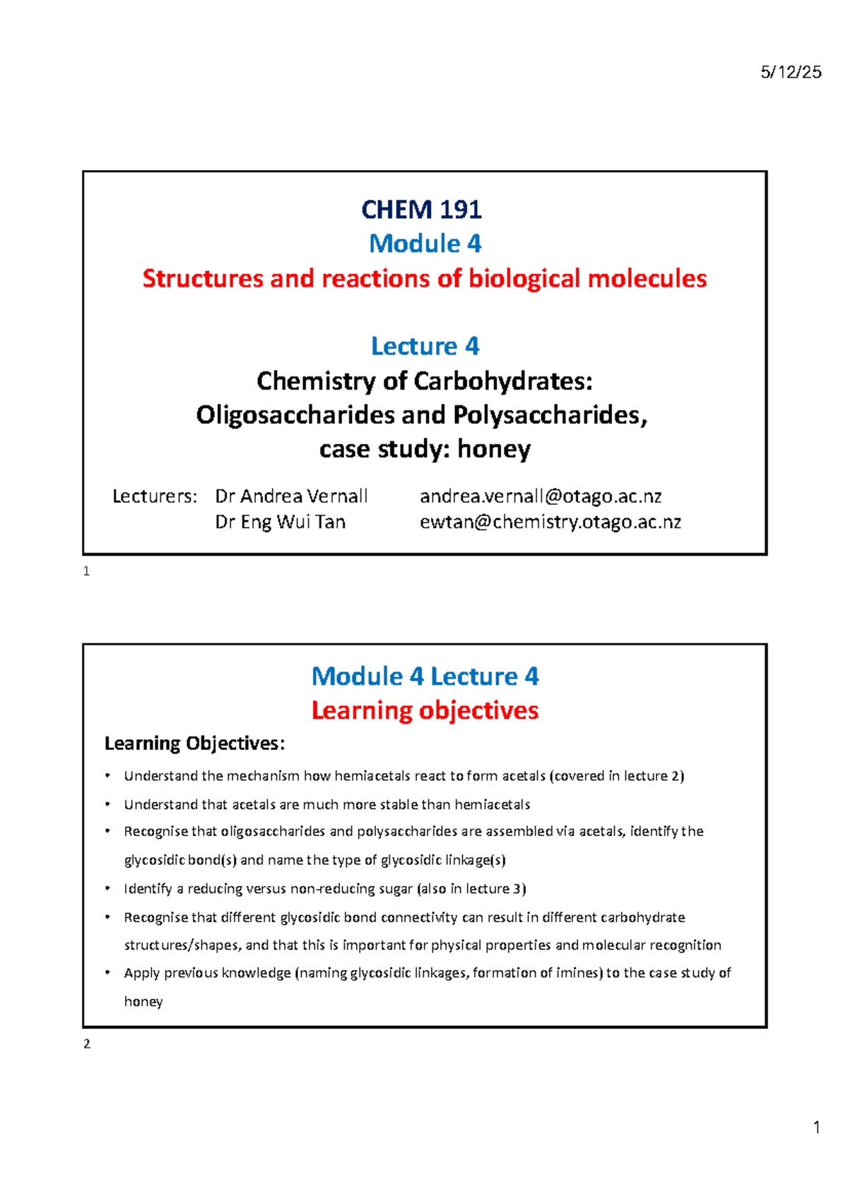 Chem 191 Module 4: Lecture 4 - Chemistry of Carbohydrates & Honey - Studocu