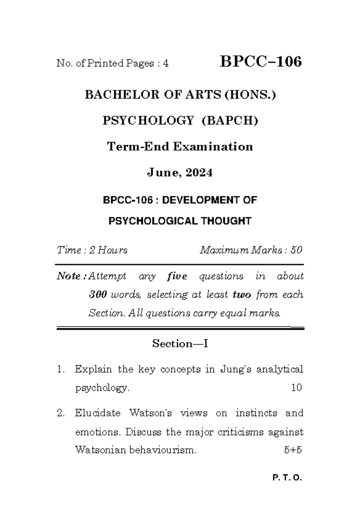 BAPCH Exam June 2024: Development of Psychological Thought (BPCC-106 ...
