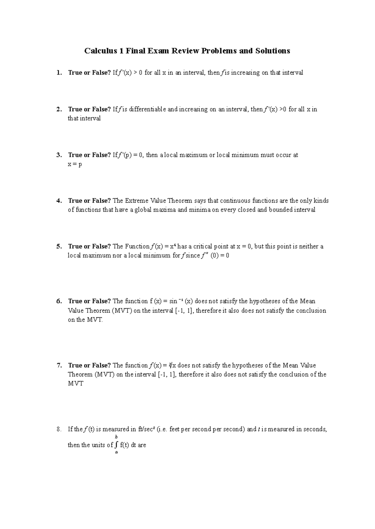Calculus 1 Final Exam Review Problems and Solutions - Studocu
