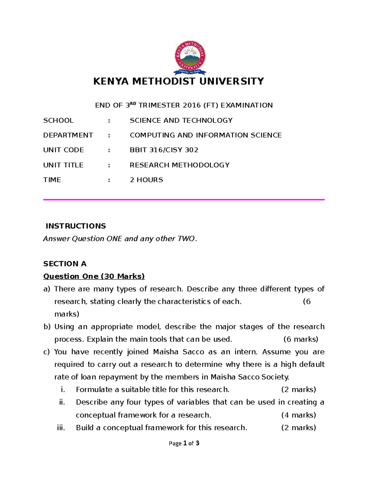 Research Methodology (BBIT 316-CISY 302-BSIS 423-NRSG 420-MLSC 302 ...