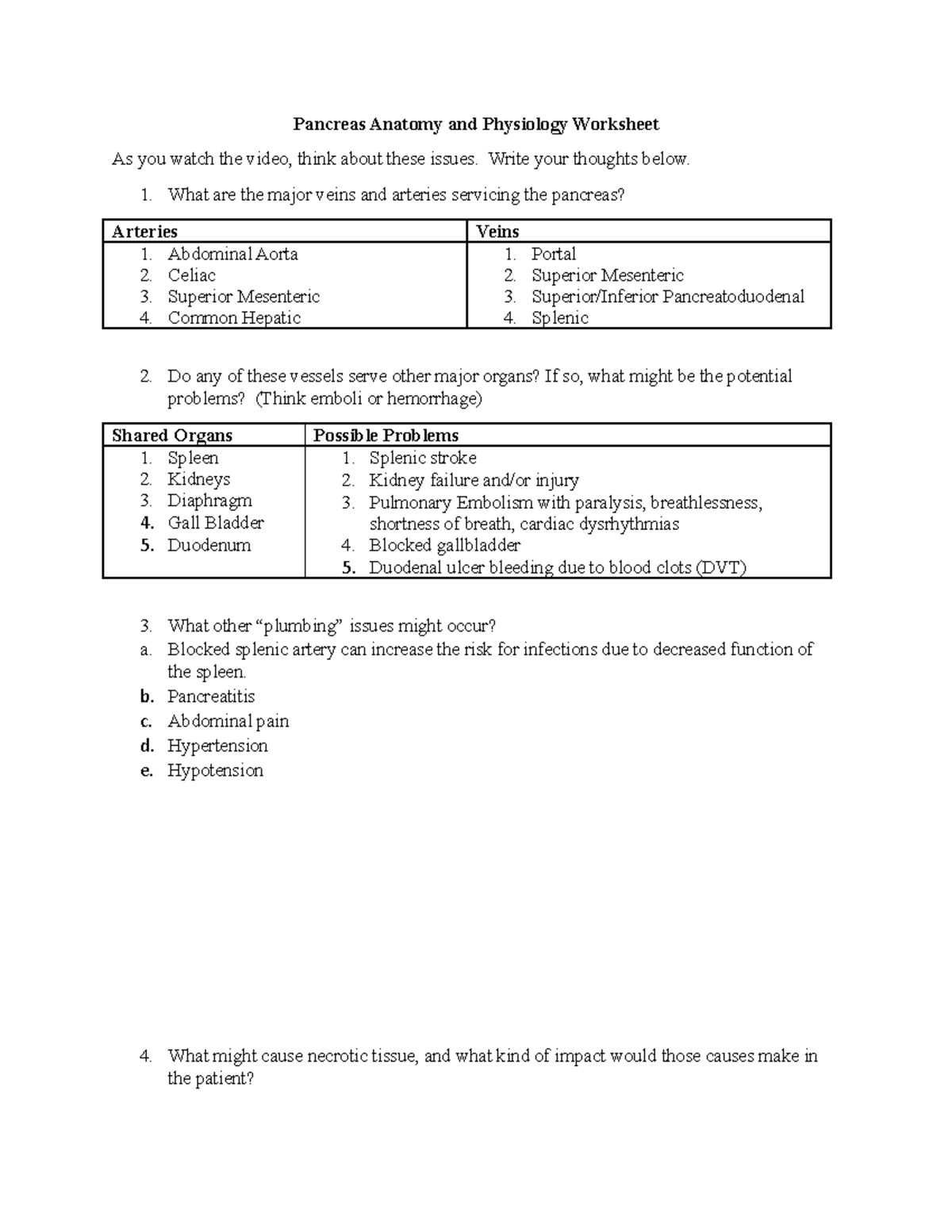 Pancreatic A&P Video Worksheet: Major Vessels & Related Issues - Studocu