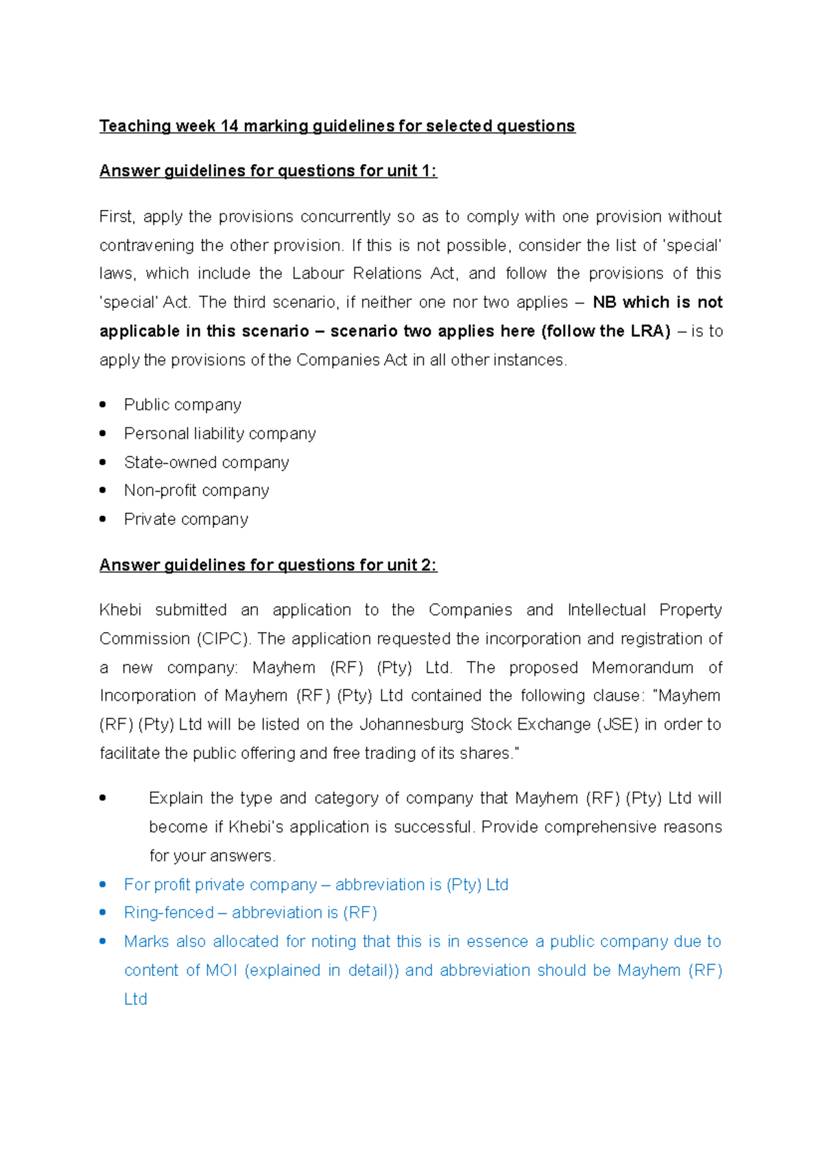 Unit 1 & 2 Answer Guidelines for Teaching Week 14 Marking - Studocu