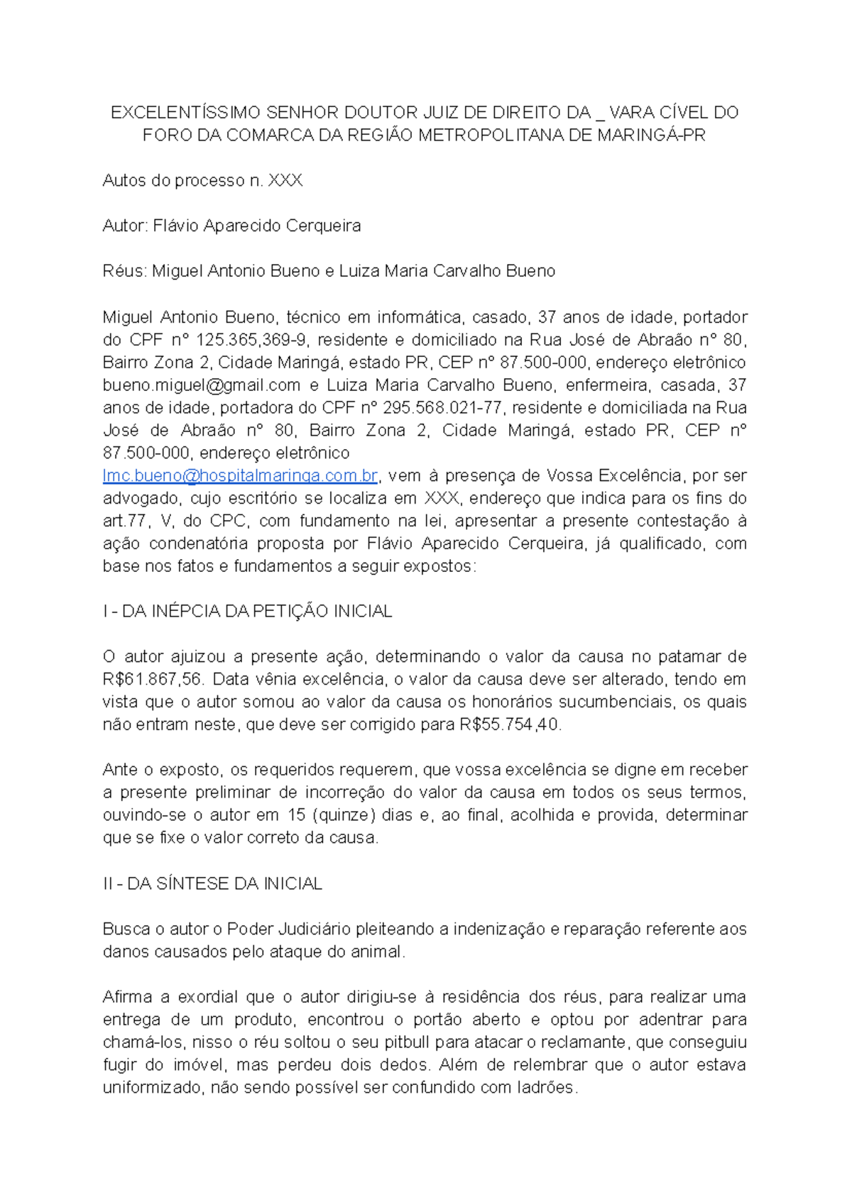 Contestação Trabalhista: Análise e Exemplo Prático em Maringá-PR - Document Preview