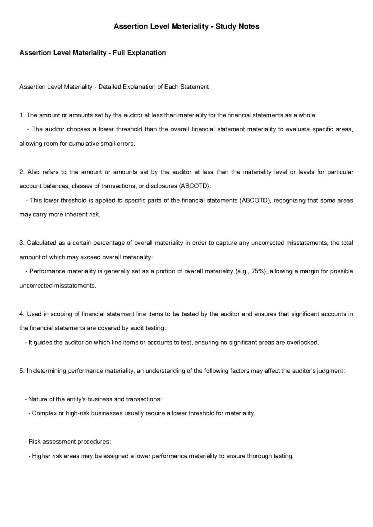 Assertion Level Materiality Study Notes: Detailed Explanations and ...