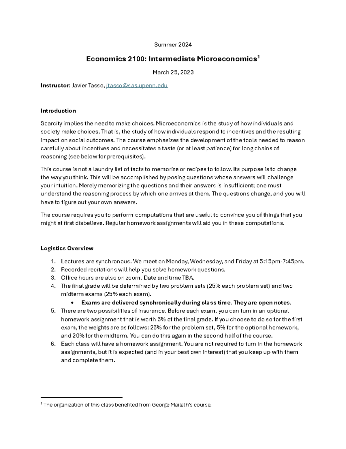 Econ 2100 910 Summer 2024 Intermediate Microeconomics Syllabus - Studocu