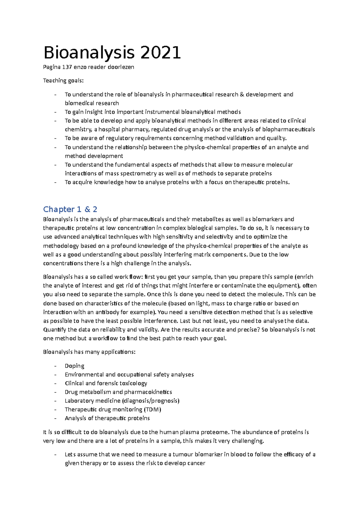 Bioanalysis 2021: Summary of Lecture Content and Key Methods - Studeersnel