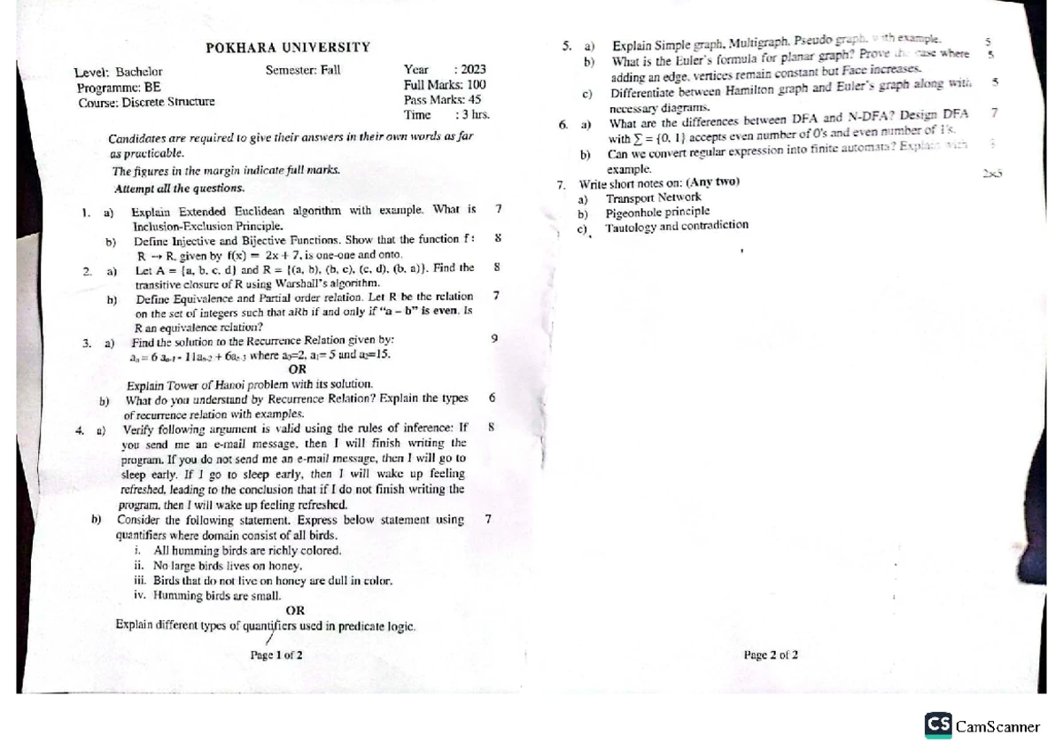 CS Discrete Structure Exam Questions - Fall 2023 - Studocu