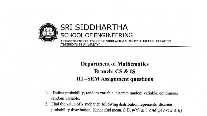 Mathematics Assignment CS IS: Probability & Random Variables Questions ...