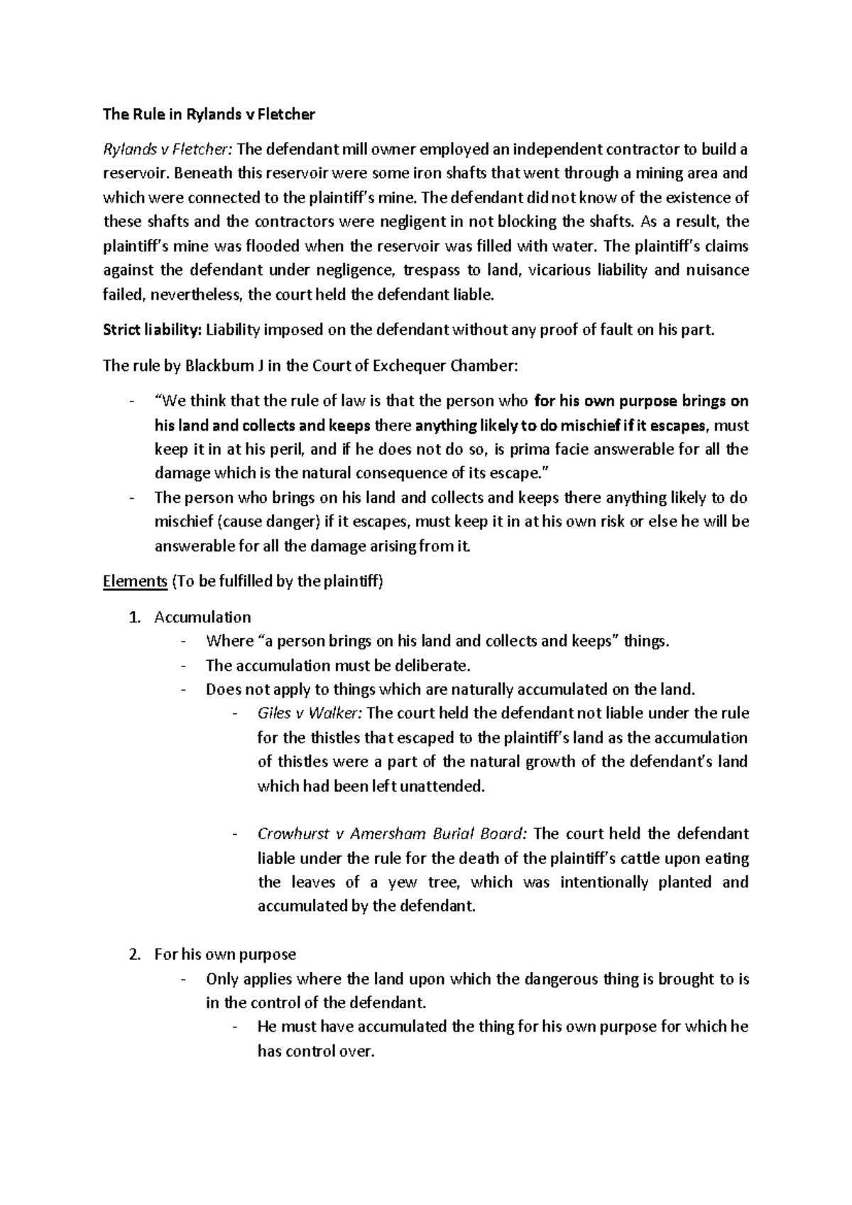 TORT 101: Comprehensive Notes on the Rule in Rylands v Fletcher - Studocu