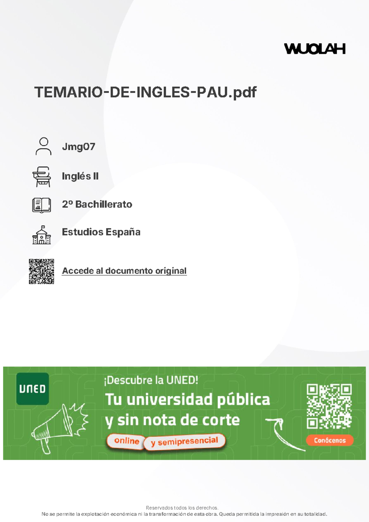 Temario de Inglés II PAU - 2º Bachillerato - Document Preview