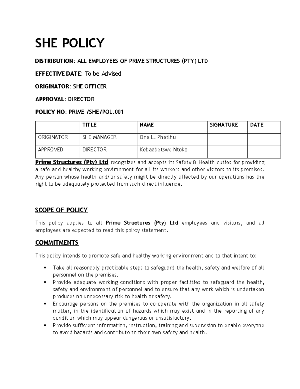 SHE Policy for Prime Structures (PTY) LTD: Employee Safety Guidelines ...