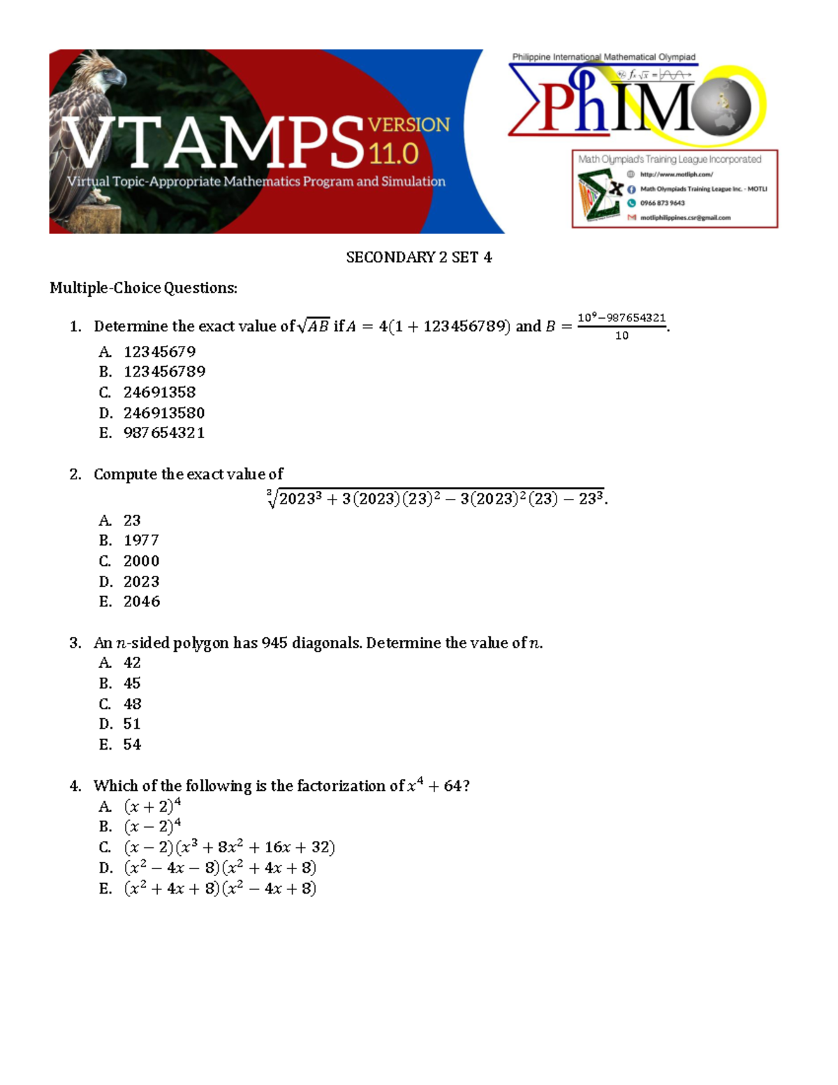 Secondary 2 Set 4 Math Questions & Solutions - Vtamps 11.0 - Studocu