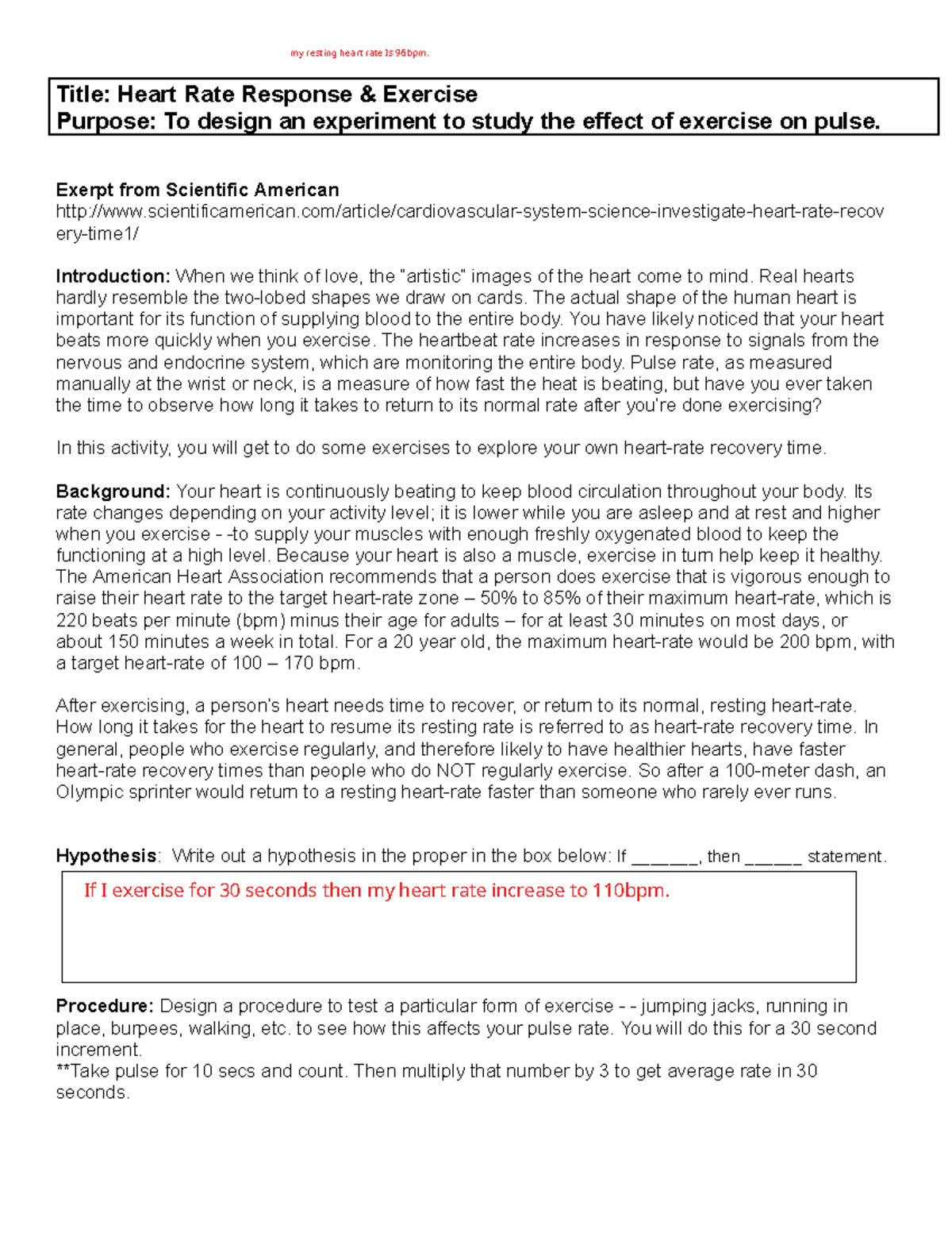 Heart Rate Response Lab - Title: Heart Rate Response & Exercise Purpose ...