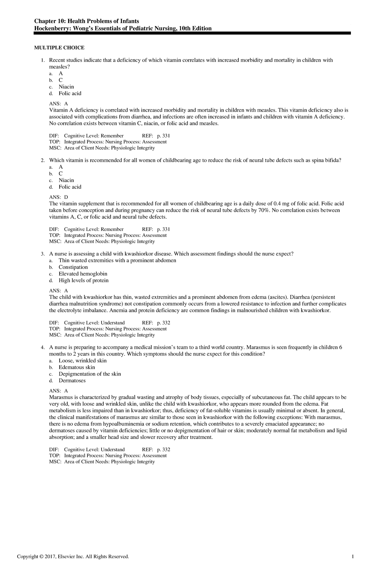 PEDS 101 - Exam View: Chapter 10 Review for Pediatric Health Issues ...