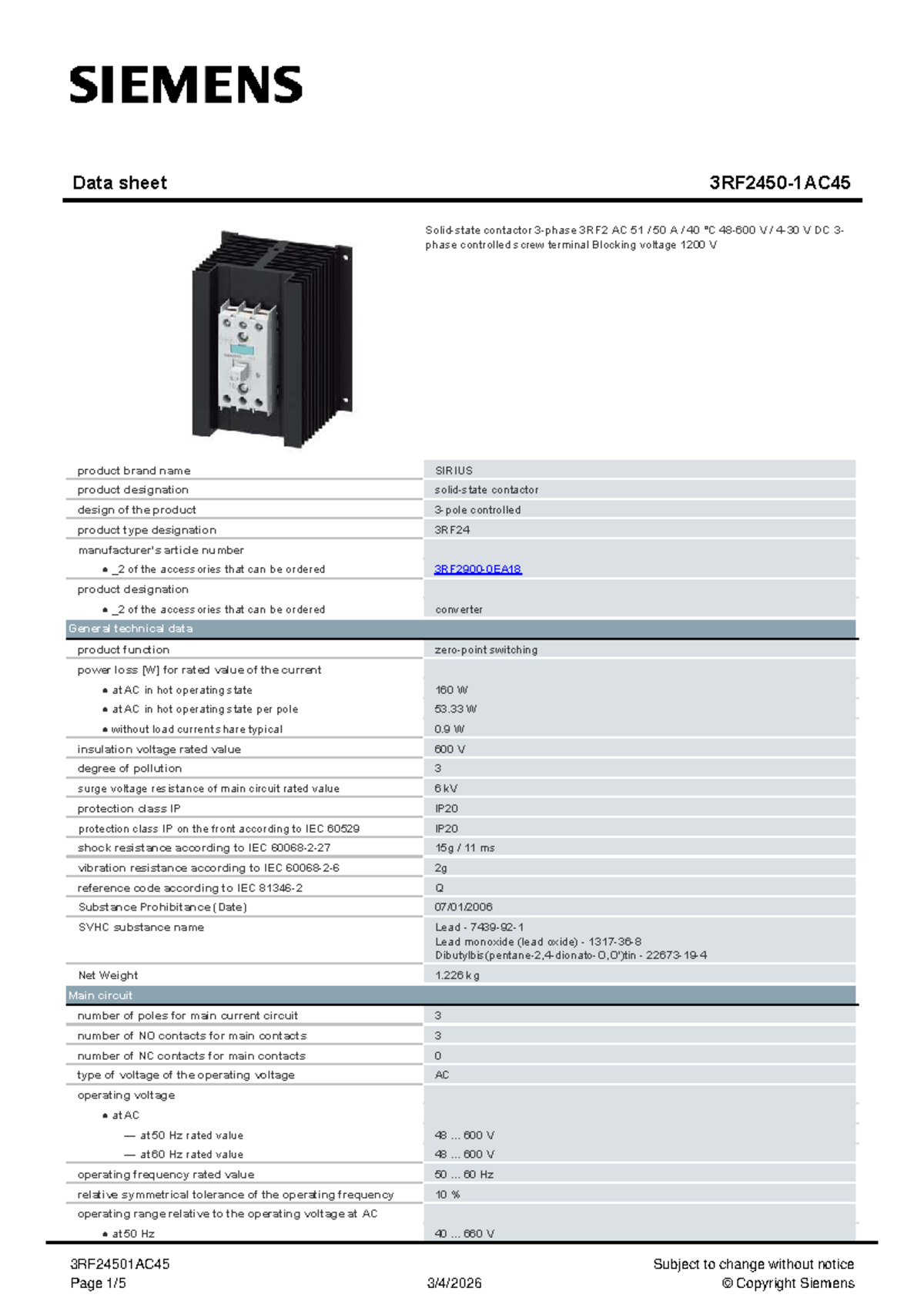 3RF24501 AC45 Contactor Datasheet - SIRIUS Product Details - Studocu