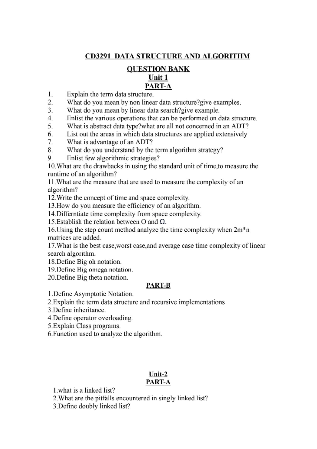 D3291 DATA STRUCTURE AND ALGORITHM QUESTION BANK - Unit 1 Overview ...