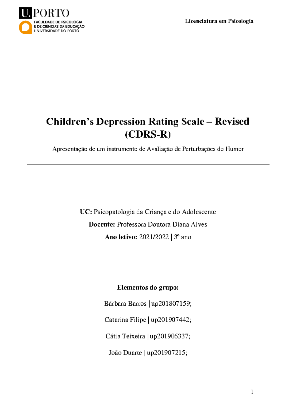 PCA - Escala de Avaliação da Depressão Infantil (CDRS-R) Revisada - Studocu