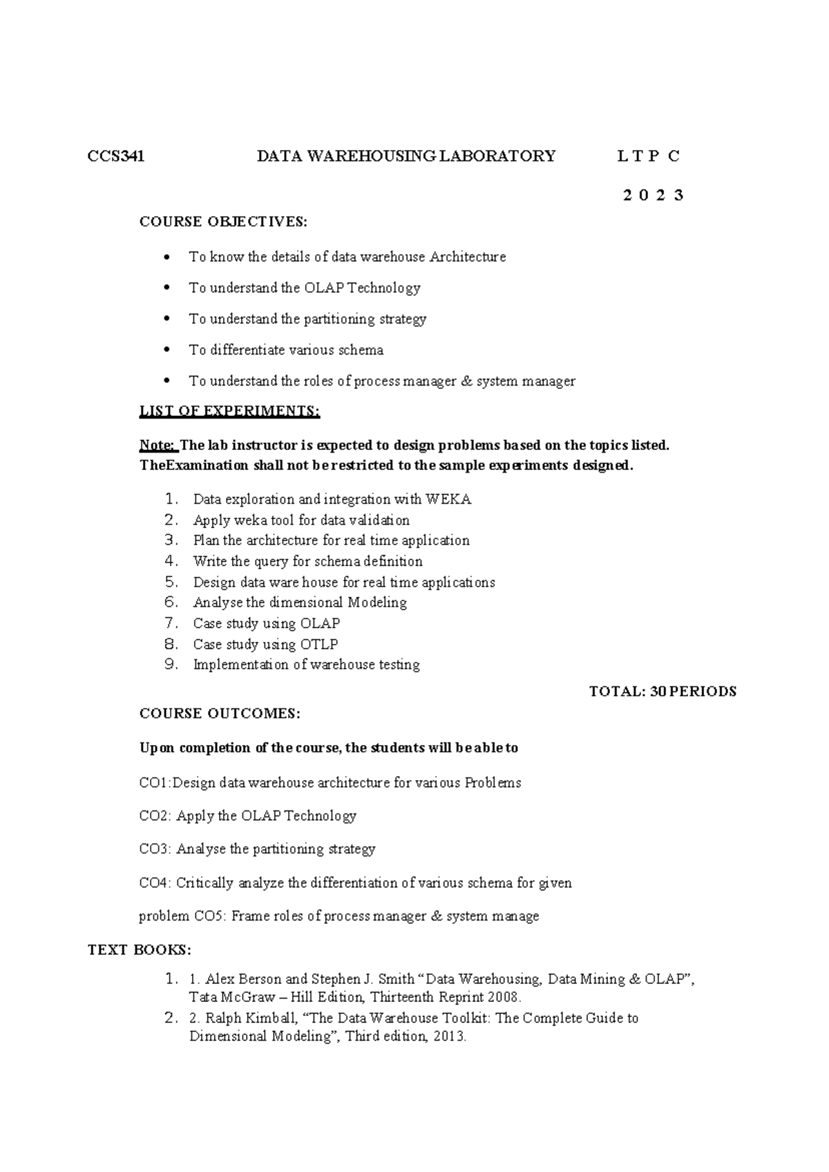 CCS341 Data Warehousing Lab: Experiments & Architecture Design Guide ...