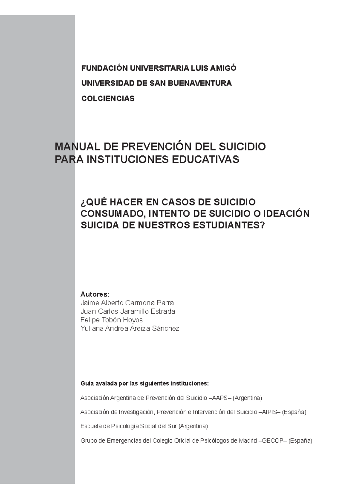 Manual de Prevención del Suicidio en Instituciones Educativas - FUNLAM ...